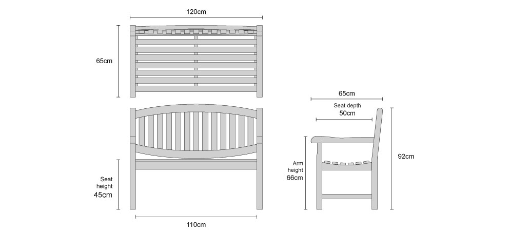 Ascot Teak 2 Seater Garden Bench - Dimensions